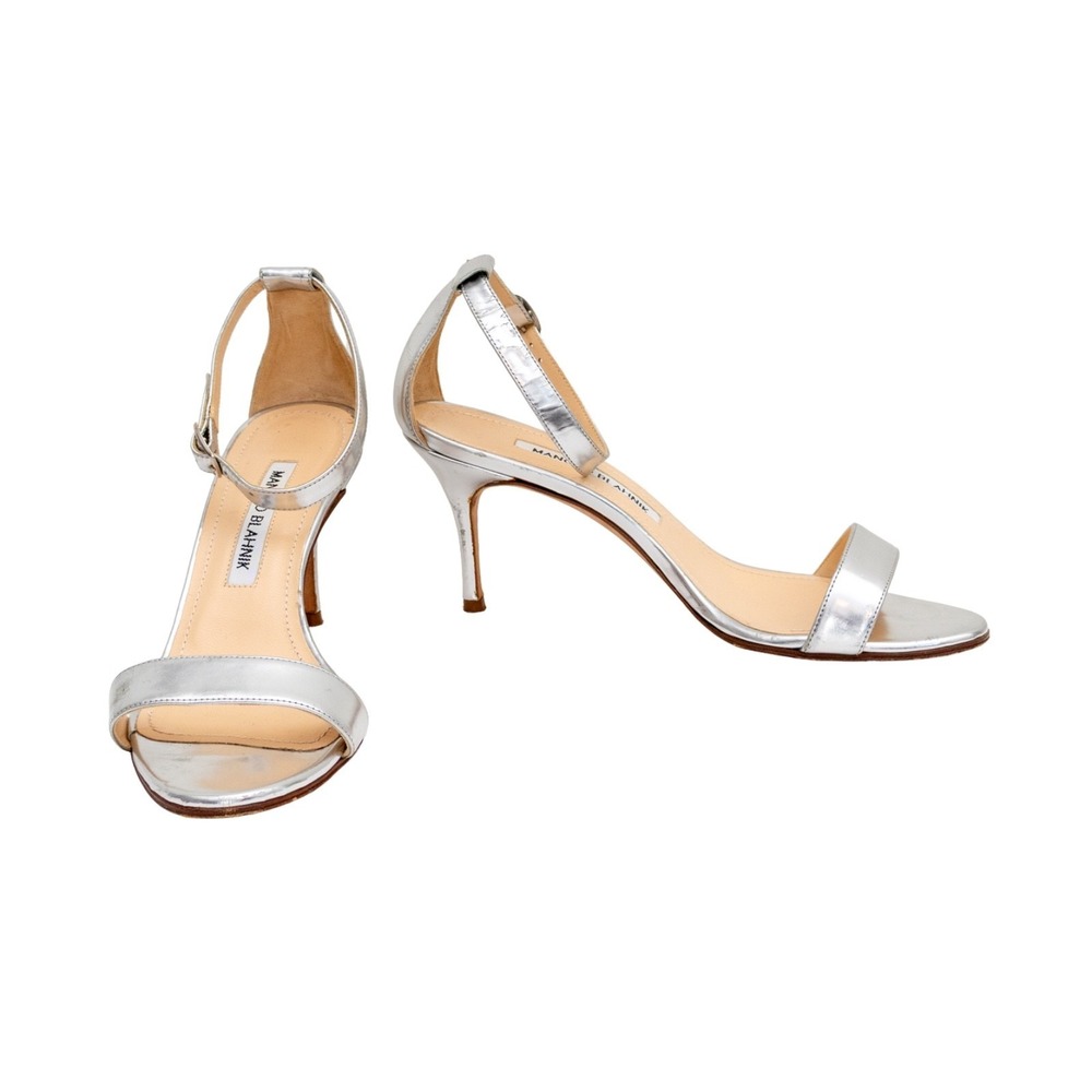Manolo Blahnik Silver Metallic Ankle Strap Sandals Heels EU 36 US 6 UK 3